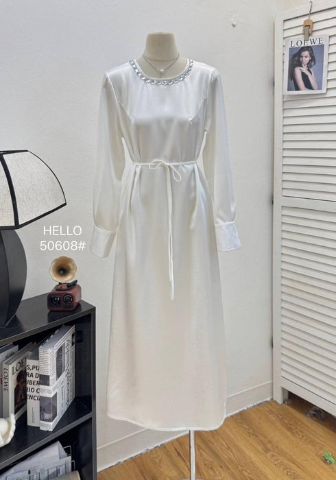 Crystal Decor Long Sleeves Long Satin Dress